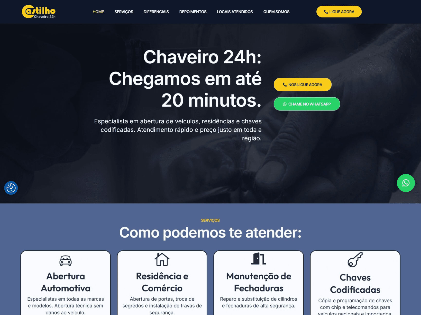 Site de serviços de chaveiro 24h desenvolvido pela Sch.10 Digital, destacando atendimento rápido e emergencial
