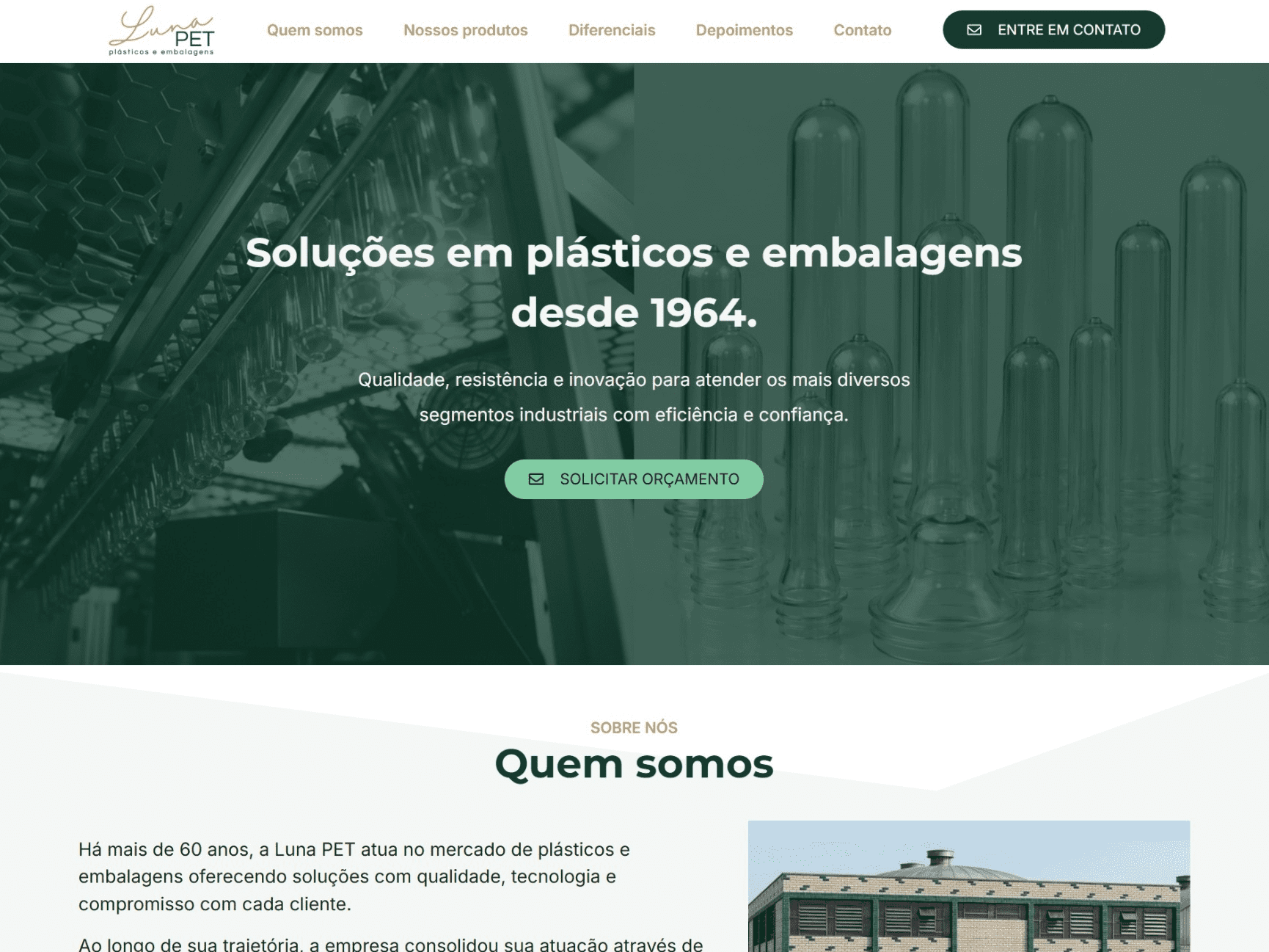 Página inicial do site da Luna PET, empresa tradicional em soluções de plásticos e embalagens desde 1964